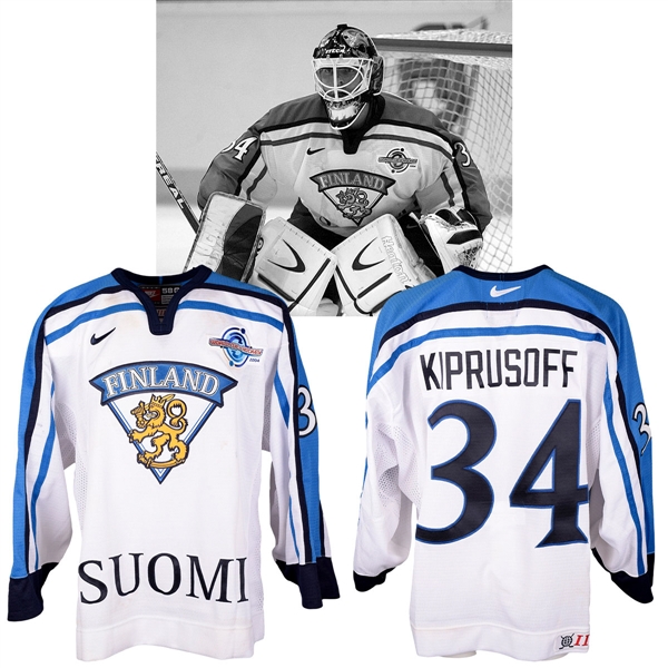 Miikka Kiprusoffs 2004 World Cup of Hockey Team Finland Game-Worn Jersey with NHLPA LOA - Photo-Matched!