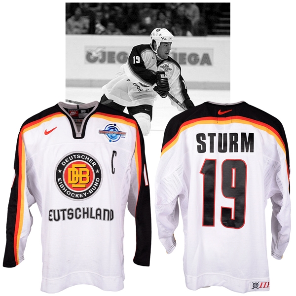 Marco Sturms 2004 World Cup of Hockey Team Germany Game-Worn Captains Jersey with NHLPA LOA - Photo-Matched!