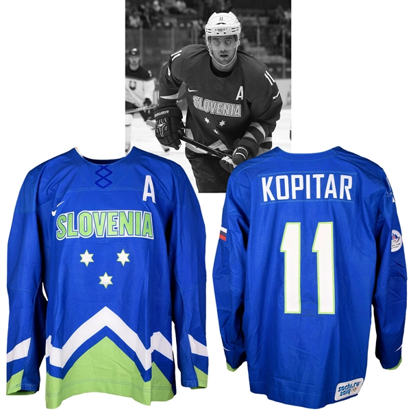 Anze Kopitars 2014 Sochi Winter Olympics Team Slovenia Game-Worn Alternate Captains Jersey with NHLPA LOA - Photo-Matched!