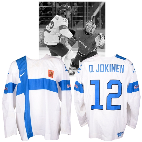 Olli Jokinens 2014 Sochi Winter Olympics Team Finland Game-Worn Jersey with NHLPA LOA
