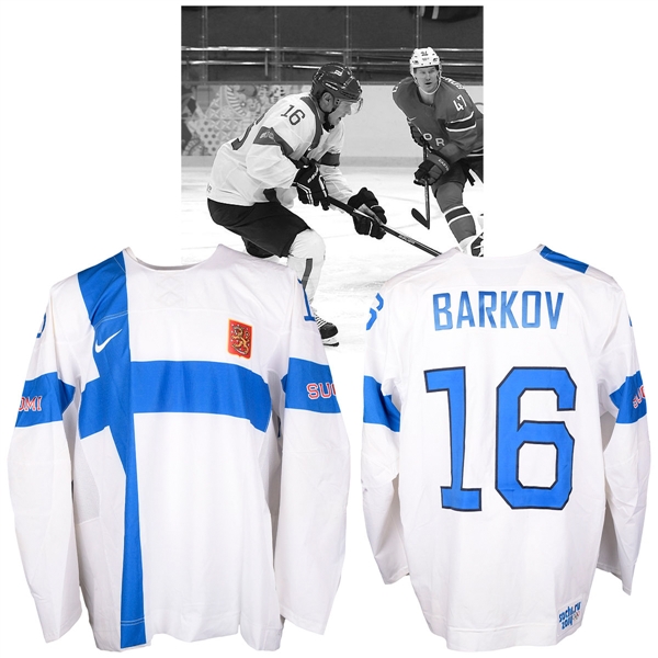 Aleksander Barkovs 2014 Sochi Winter Olympics Team Finland Game-Worn Jersey with NHLPA LOA - Photo-Matched!