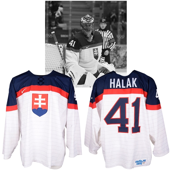 Jaroslav Halaks 2014 Sochi Winter Olympics Team Slovakia Game-Worn Jersey with NHLPA LOA - Photo-Matched!