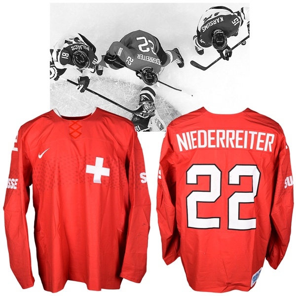 Nino Niederreiters 2014 Sochi Winter Olympics Team Switzerland Game-Worn Jersey with NHLPA LOA - Photo-Matched!