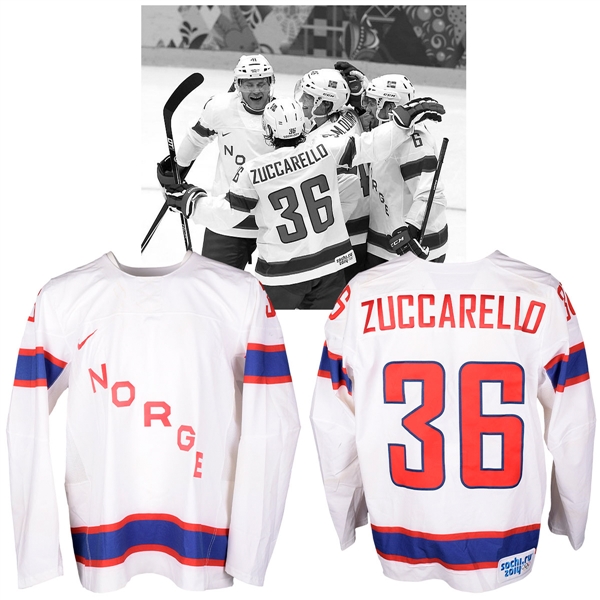 Mats Zuccarellos 2014 Sochi Winter Olympics Team Norway Game-Worn Jersey with NHLPA LOA - Photo-Matched!
