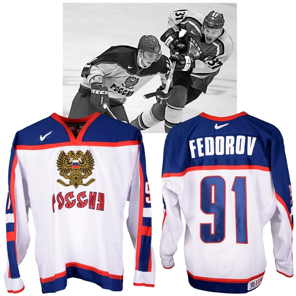 Sergei Fedorovs 2002 Winter Olympics Team Russia Game-Worn Jersey with NHLPA LOA