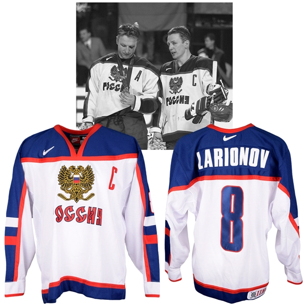 Igor Larionovs 2002 Winter Olympics Team Russia Game-Worn Captains Jersey with NHLPA LOA
