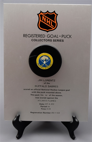 Jim Lorentz’s Buffalo Sabres October 8th 1972 Goal Puck from the NHL Goal Puck Program - 1st Goal of Season / Career Goal #38