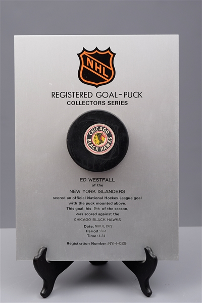 Ed Westfalls New York Islanders November 8th 1972 Goal Puck on Plaque from the NHL Goal Puck Program - 5th Goal of Season / Career Goal #131