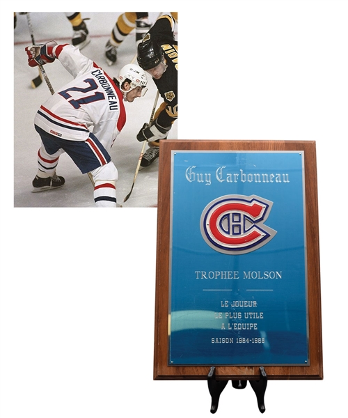 Guy Carbonneaus 1984-85 Montreal Canadiens Molson Award Plaque for Most Valuable Player with His Signed LOA (10” x 15”) 