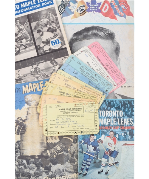 Toronto Maple Leafs Collection with 1957-58 Team-Signed Program, 1964-65 Team-Signed Guide and 1955-68 MLG Passes (9)