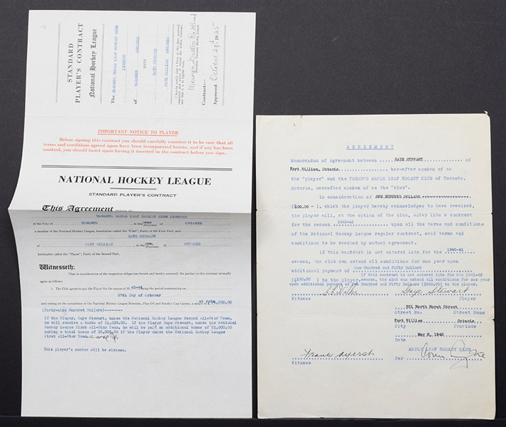 Gaye Stewarts 1945-46 Toronto Maple Leafs NHL Contract and 1940-41 Agreement with Signatures of Deceased HOFers Day and Smythe