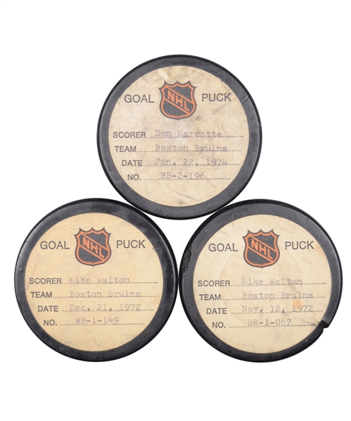 Boston Bruins 1972-74 Goal Pucks from the NHL Goal Puck Program (3) Including Mike Walton Assisted by Orr!