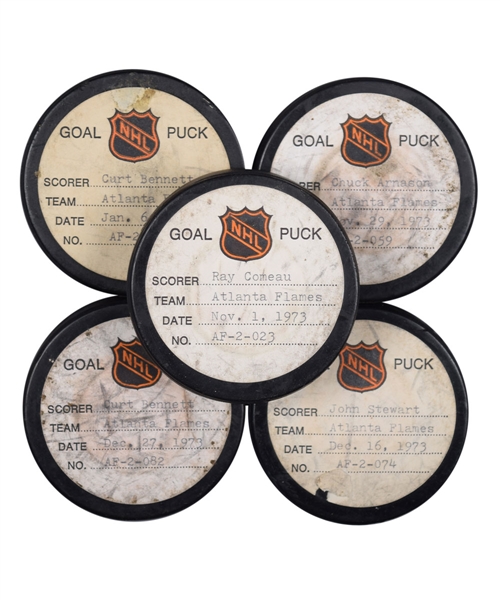 Atlanta Flames 1973-74 Goal Pucks from the NHL Goal Puck Program (5) Including Bennett and Comeau