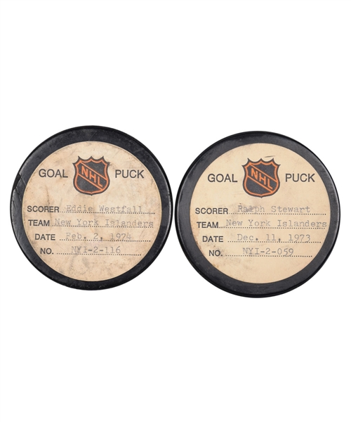 New York Islanders 1973-74 Goal Pucks from the NHL Goal Puck Program (2) Including Ed Westfall