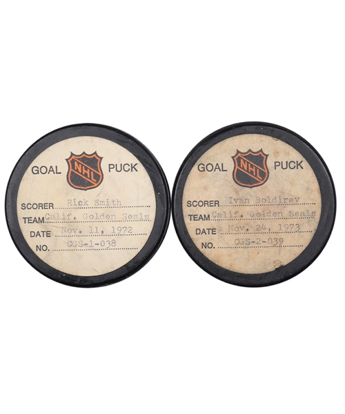 California Golden Seals 1972-74 Goal Pucks from the NHL Goal Puck Program (2) - Boldirev and Smith