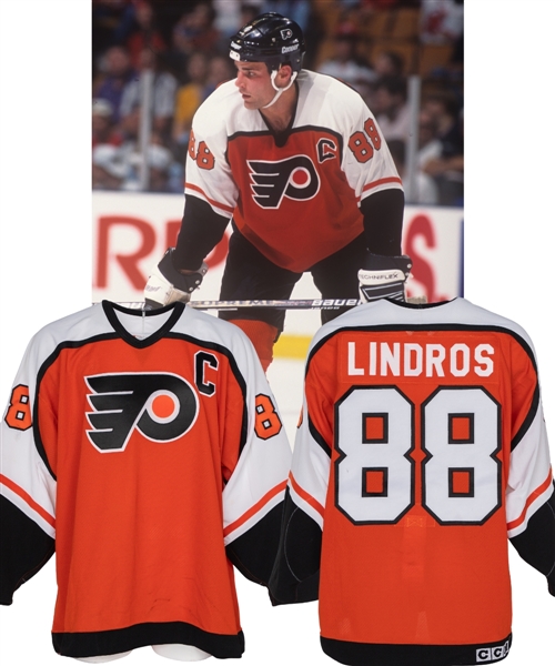 Eric Lindros 1995-96 Philadelphia Flyers Game-Worn Captains Jersey from His Personal Collection with his Signed LOA - 47-Goal / 115-Point / 163 PIMs Season!