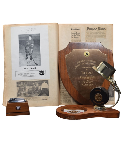Toe Blakes 1964 Sudbury Sports Hall of Fame Award and Scrapbook Plus 1950s Dow Hat Trick Trophy and 1960s Canadiens Lighter