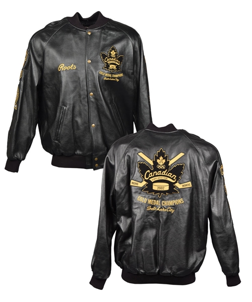 Stu Poiriers 2002 Canadian Olympic Team Roots Gold Medal Team-Issued Black and Gold Leather Presentation Jacket with his Signed LOA