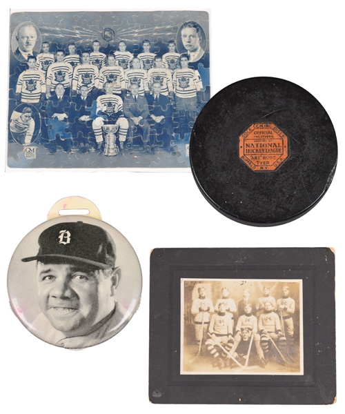 Vintage Sport Memorabilia Collection with Turn-of-the-Century Hockey Team Photo, 1931-32 Maple Leafs Puzzle, 1942-50 CCM Art Ross Game Puck and 1935 Babe Ruth Quaker Oats Watch Fob Scorer