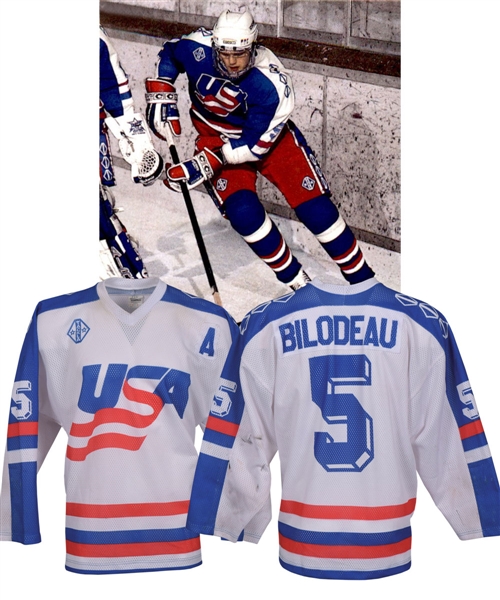 Brent Bilodeaus 1992 IIHF World Junior Championships Team USA Game-Worn Alternate Captains Jersey