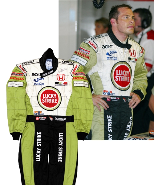 Jacques Villeneuves 2002 Lucky Strike BAR Honda F1 Team Signed Race-Worn Suit (Lucky Strike Sponsorship) with His Signed LOA