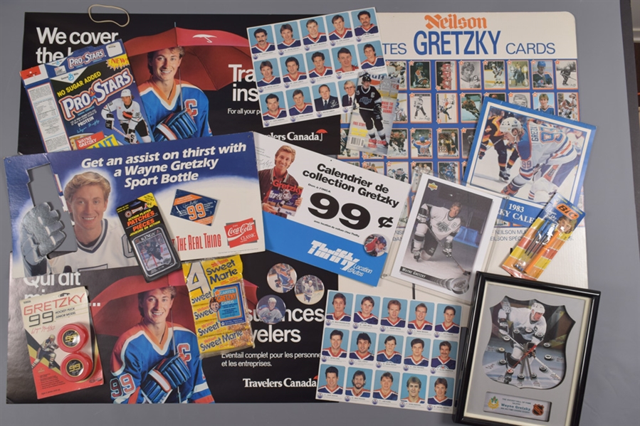 Wayne Gretzky Large Memorabilia Collection with 1982 Remex Watch, 1979-80 Oilers Media Guide, 1982-83 Gretzky Neilson Hockey Card Store Display Sign and Much More!