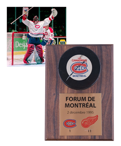 Patrick Roys Signed December 2nd 1995 Last Game with the Montreal Canadiens Game-Used Puck Plaque (5" x 7") with His Signed LOA