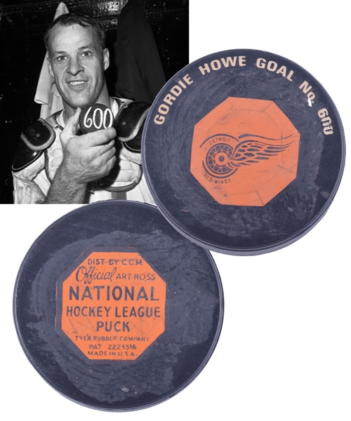 Gordie Howe 1965 Detroit Red Wings 600th Goal Souvenir Puck on "Original Six" Game Puck