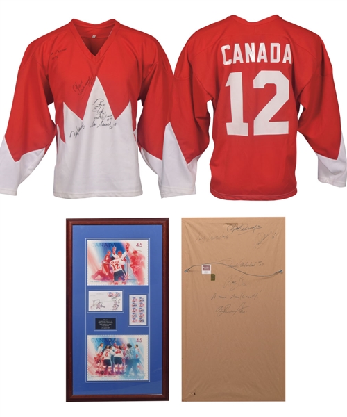 Yvan Cournoyers 1972 Canada-Russia Series Multi-Signed First Day Cover Framed Display and Multi-Signed Jersey with His Signed LOA