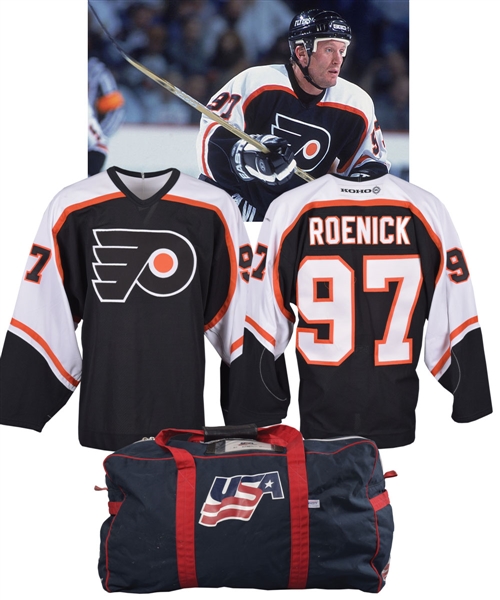 Jeremy Roenicks Early-2000s Philadelphia Flyers Game-Worn Jersey and 2002 Winter Olympics Team USA Equipment Bag with COAs