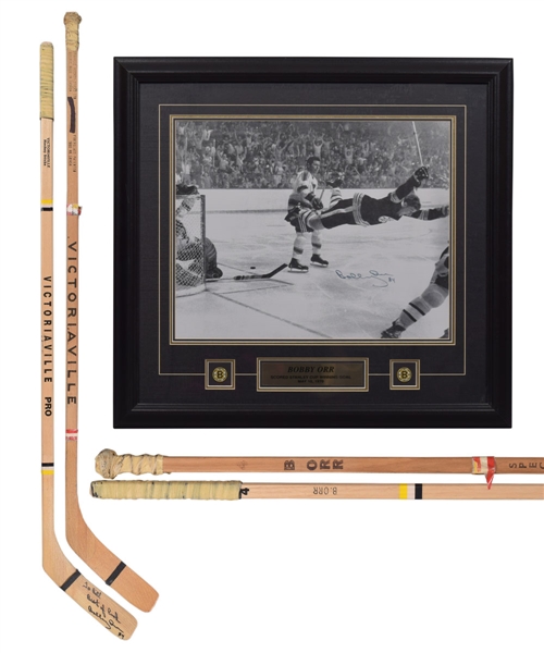 Bobby Orrs 1972 Canada-Russia Series Victoriaville Game Stick Plus Signed 1970 Stanley Cup Framed Photo and Victoriaville Replica Stick 