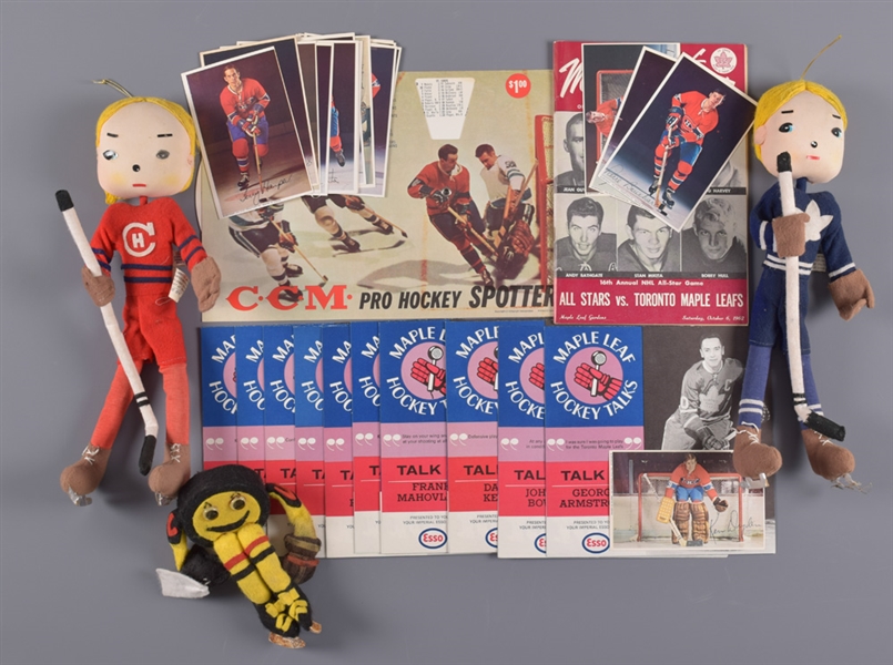 Vintage Hockey Memorabilia Collection with Canadiens and Maple Leafs Dolls, 1962 NHL All-Star Game Program, 1966-67 Hockey Talks Set and More!