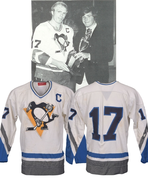 Ron Schocks 1974-75 Pittsburgh Penguins Game-Worn Captains Jersey - Team Repairs! - Rare Style! - Photo-Matched!