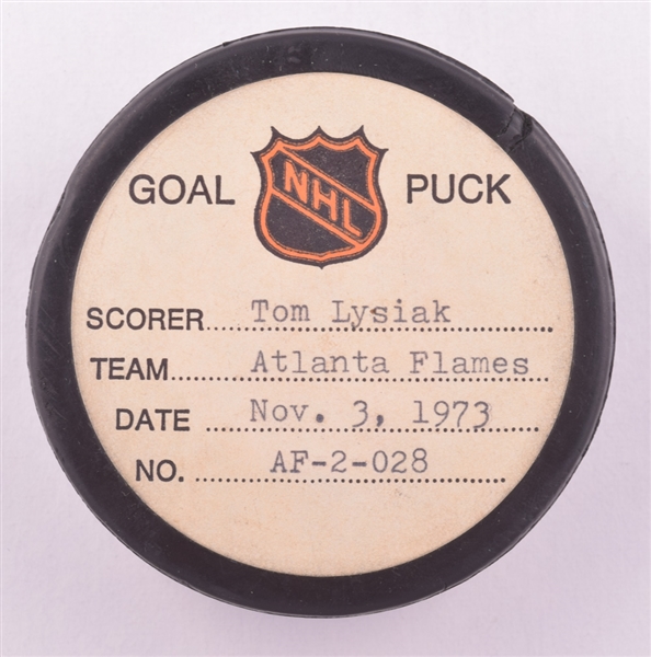 Tom Lysiaks Atlanta Flames November 3rd 1973 Goal Puck from the NHL Goal Puck Program - 2nd Goal of Rookie Season / Career Goal #2