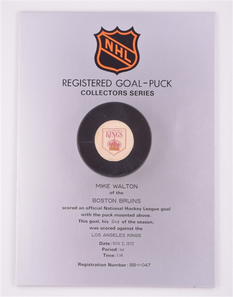 Mike Waltons Boston Bruins November 2nd 1972 Goal Puck on Plaque from the NHL Goal Puck Program - 2nd Goal of Season / Career Goal #117