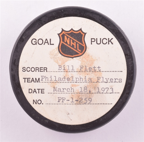 Bill Fletts Philadelphia Flyers March 18th 1973 Goal Puck from the NHL Goal Puck Program - 40th Goal of Season / Career Goal #135