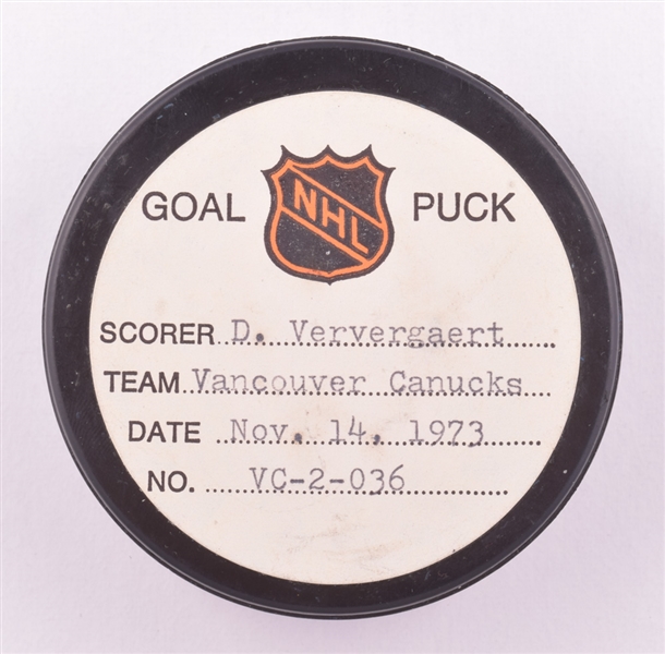 Dennis Ververgaerts Vancouver Canucks November 14th 1973 Goal Puck from the NHL Goal Puck Program - 2nd Goal of rookie Season / Career Goal #2
