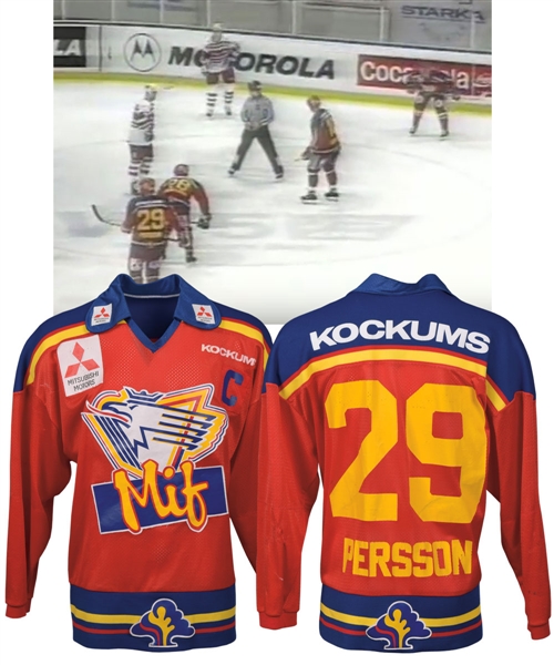 Ricard Perssons 1994-95 Swedish Elite League Malmo IF Game-Worn Captains Jersey from Paul Coffeys Collection with His Signed LOA