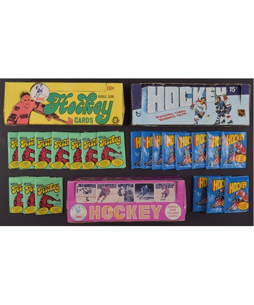 1974-75 and 1975-76 O-Pee-Chee WHA and 1976-77 Topps Hockey Card Display Boxes with Some Wrappers Included