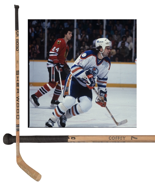 Paul Coffeys 1982-83 Edmonton Oilers Signed Sher-Wood Game-Used Playoffs Stick with His Signed LOA