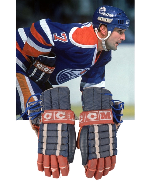 Paul Coffeys 1985-86 Edmonton Oilers CCM Game-Used Gloves with His Signed LOA - James Norris Trophy Season! - Photo-Matched!