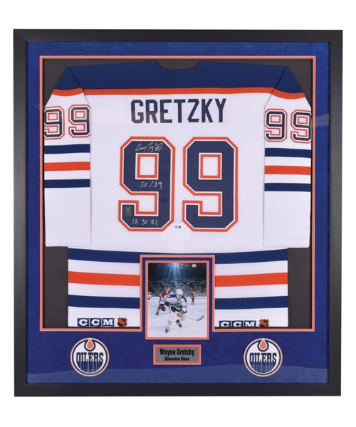 Wayne Gretzky Signed Edmonton Oilers "50 in 39" Limited-Edition Jersey #17/50 Framed Display from WGA  (42" x 47")