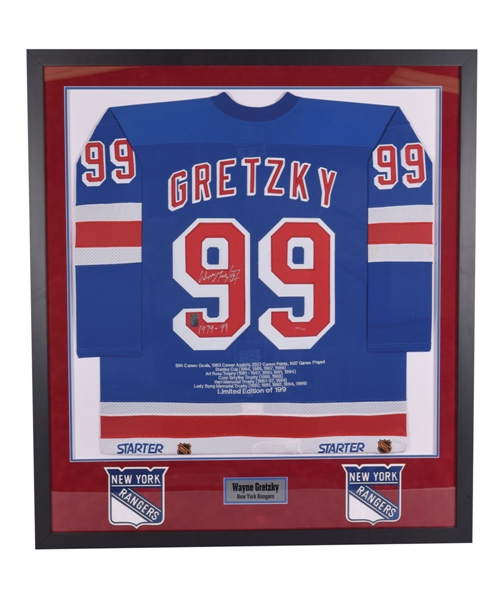 Wayne Gretzky Signed New York Rangers "1979-99" Career Stats Limited-Edition Jersey #158/199 Framed Display (42” x 47”) with WGA COA