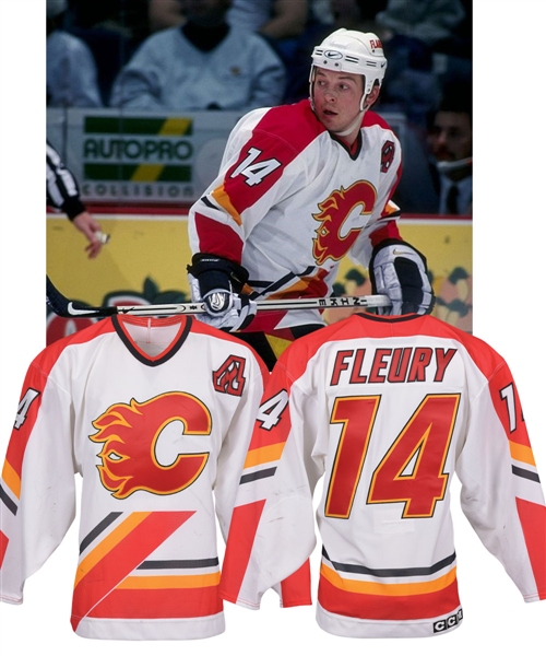 Theoren Fleurys 1997-98 Calgary Flames Game-Worn Alternate Captains Jersey with Team LOA - Photo-Matched!