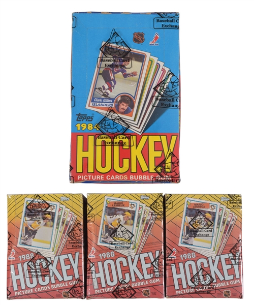 1984-85 Topps Hockey Wax Box (36 Unopened Packs) and 1988-89 Topps Hockey Wax Boxes (3 - Each with 36 Unopened Packs) - All BBCE Certified