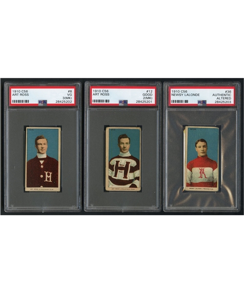 1910-11 Imperial Tobacco C56 PSA-Graded Hockey HOFers Rookie Card Collection of 3 Including #8 Art Ross, #12 Art Ross and #36 Newsy Lalonde