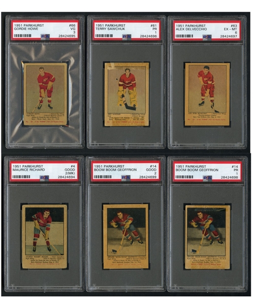 1951-52 Parkhurst PSA-Graded Hockey HOFers Rookie Card Collection of 6 Including #4 Maurice Richard, #61 Terry Sawchuk and #66 Gordie Howe