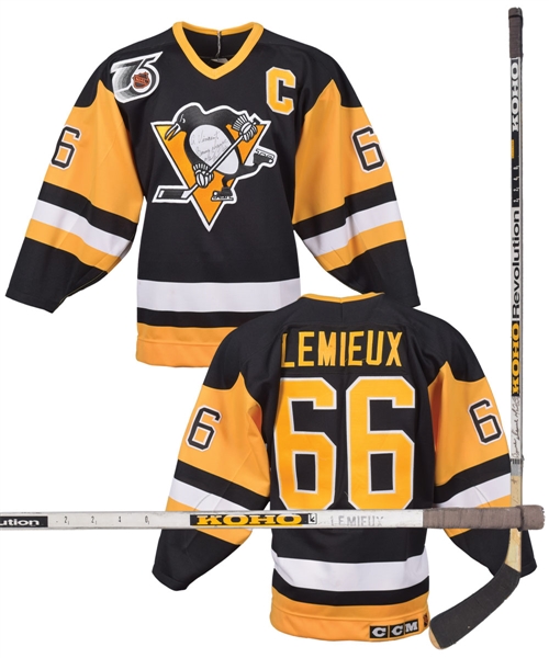 Mario Lemieuxs Early-1990s Pittsburgh Penguins Signed Koho Revolution Game-Used Stick Plus Signed Jersey