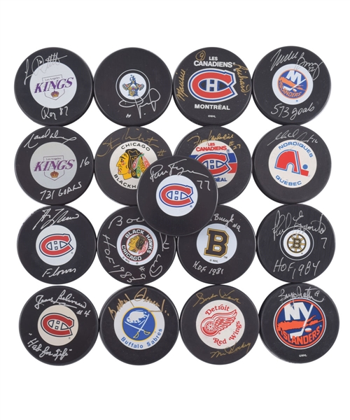 500-Goal Scorers Autographed Puck Collection of 17 Including Howe, Lafleur, Jagr, Dionne and Maurice Richard with LOA