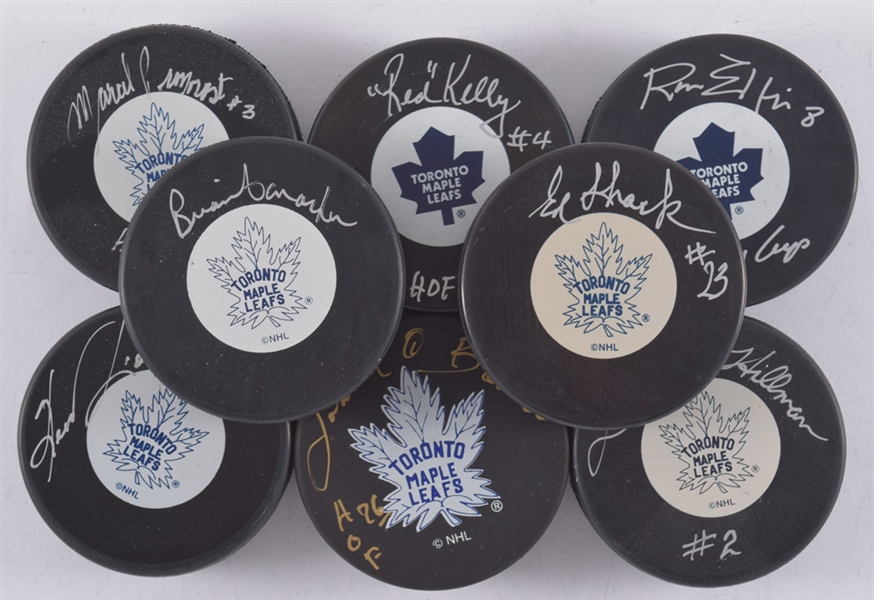 Toronto Maple Leafs 1967 Stanley Cup Champions Signed Puck Collection of 8 including Hall of Fame Members Pronovost, Kelly and Bower with LOA